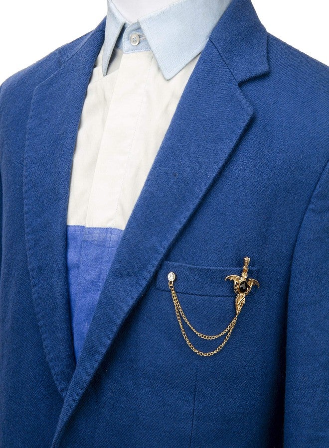 Knighthood Men's Golden Sword With Stone Drtailing Chain Tassel Suit Collar Brooch Lapel pin - Image 3