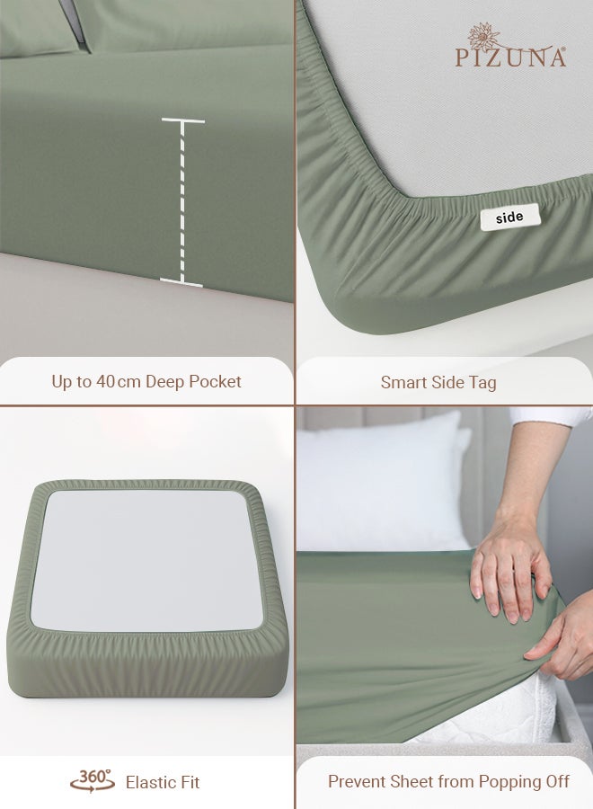 PIZUNA Pure Combed Cotton Fitted Sheet 200x200 cm Sea Foam, 400 Thread Count Cool Luxury Soft 100% Long Staple Cotton Sateen Weave, Deep Pocket Bedsheet Fits 40cm (Fitted Sheet -1PC) - Image 4
