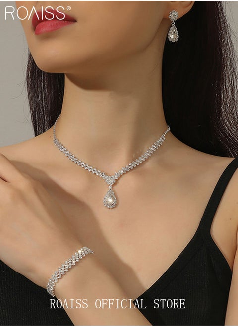 4 Pcs Rhinestone Necklace Earrings Bracelet Set Drop-Shaped Pendant V-Neck Chain Ear Dangle Bridal Evening Dress Accessories for Women