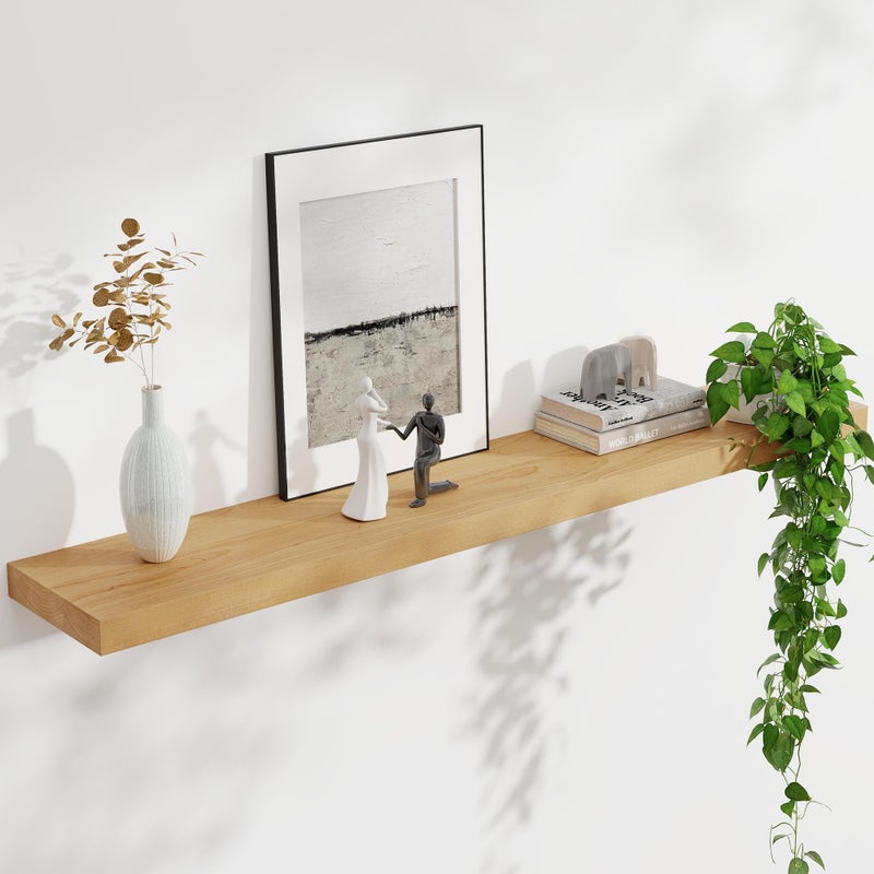 FLYJOE Floating Shelves for Wall, USA-Sourced Brich Wood 48 Inch Long Wall Shelves, Natural Wooden Mounted Picture Ledge Shelf, Nursery Book Storage Shelf Kids Bookshelf, Display Shelf for Bathroom - Image 1