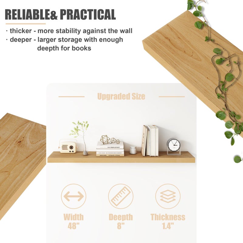 FLYJOE Floating Shelves for Wall, USA-Sourced Brich Wood 48 Inch Long Wall Shelves, Natural Wooden Mounted Picture Ledge Shelf, Nursery Book Storage Shelf Kids Bookshelf, Display Shelf for Bathroom - Image 3