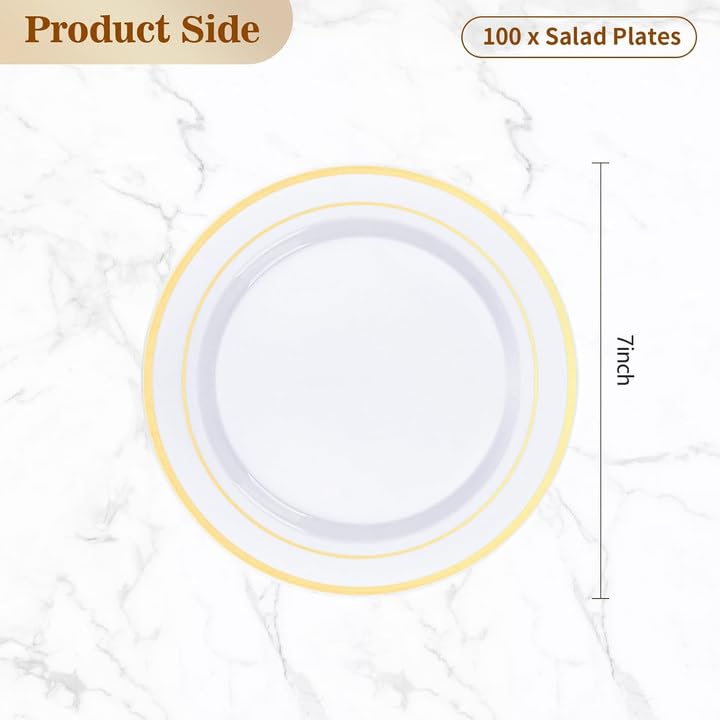 BESTVIP 100PCS Gold Plastic Plate  7 Inch Disposable Dessert Plate Party with Gold Rim  Heavy Duty Disposable Plastic Plates for Party  Wedding and Birthday - Image 2