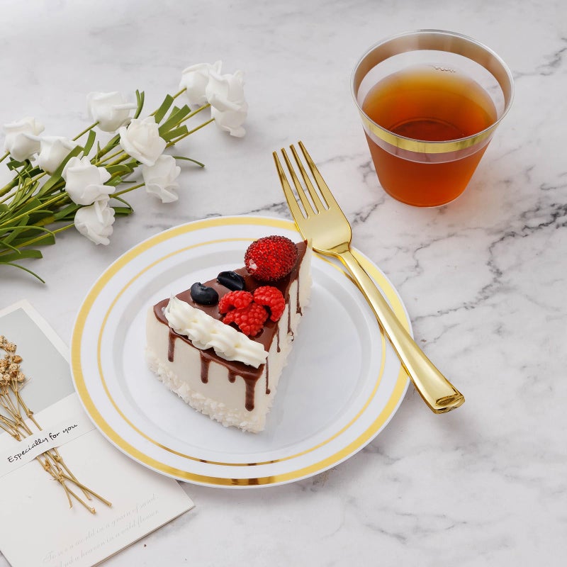 BESTVIP 100PCS Gold Plastic Plate  7 Inch Disposable Dessert Plate Party with Gold Rim  Heavy Duty Disposable Plastic Plates for Party  Wedding and Birthday - Image 3