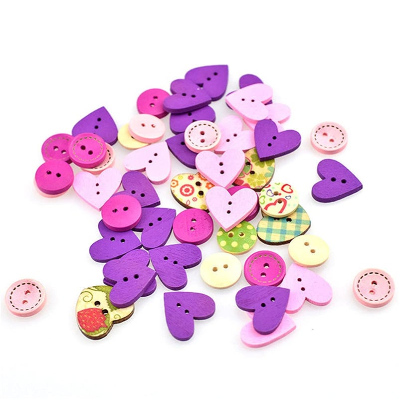 vingol 100 Pcs/Pack Wooden Button 2 Holes Button for Sewing Crafts DIY Works Decoration (Pink Purple) - Image 2