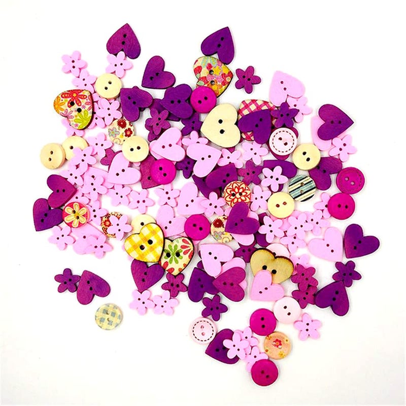 vingol 100 Pcs/Pack Wooden Button 2 Holes Button for Sewing Crafts DIY Works Decoration (Pink Purple) - Image 1