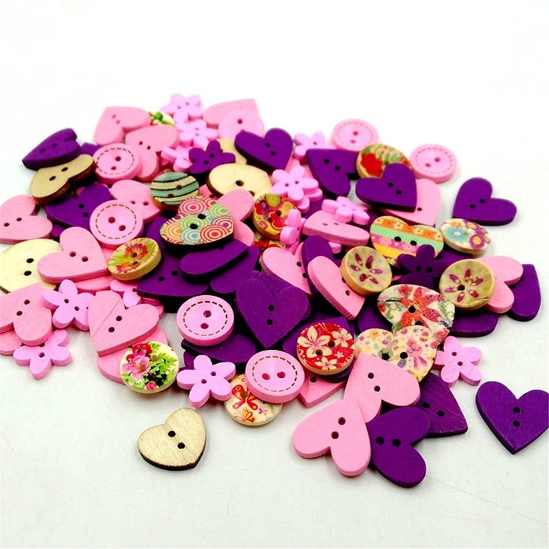 vingol 100 Pcs/Pack Wooden Button 2 Holes Button for Sewing Crafts DIY Works Decoration (Pink Purple) - Image 3