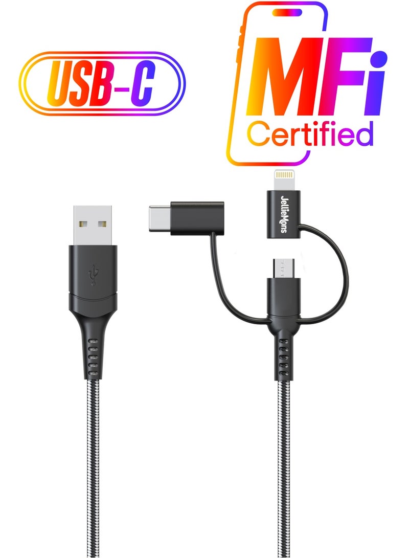 JellieMons Braided 3in1 Cable, USB-A, Data Cable, Micro-USB, Type-C, Lightning (1M)