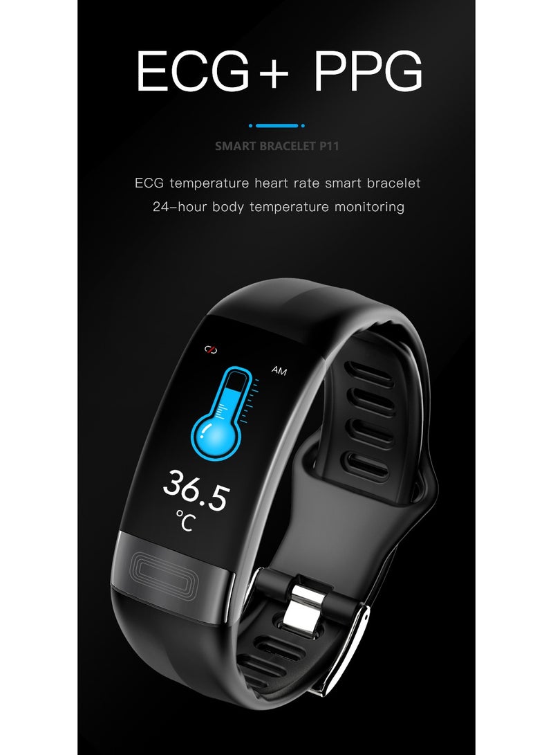 ECG + PPG P11 Plus Smart Wristband Fitness Tracker for Women Men Calorie Blood Pressure Waterproof Sport Smartband Health Smartwatch (Black)