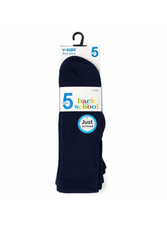 Boys Cotton School Uniform Socks, 5-Pair Pack, Navy - Image 1