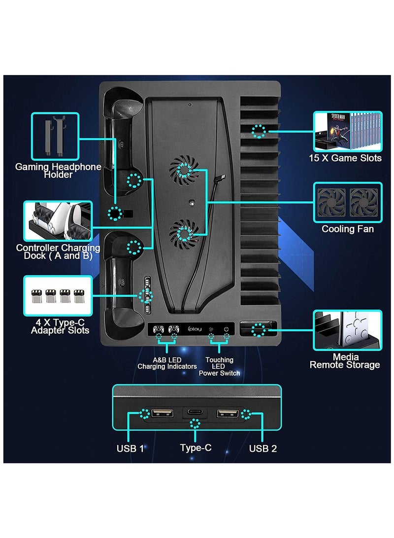 Vertical Stand Compatible for PS5 Console, Stand with Cooling Fan and Controller Charger for Playstation 5, Dualsense Charging Dock with 15 Game Disc Storage  - Image 2