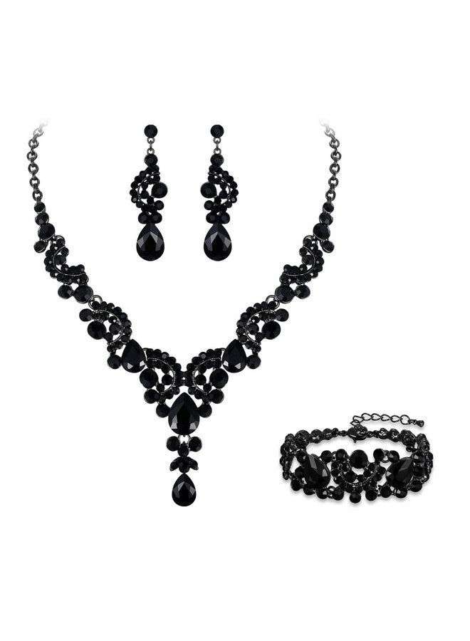 EVER FAITH طقم مجوهرات تقليد من أحجار الراين والكريستال للعروس والعروس من آرت ديكو على شكل دمعة زهور قلادة وأقراط وسوار للنساء باللون الأسود - Image 1