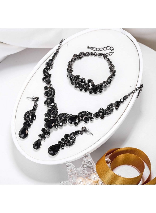 EVER FAITH طقم مجوهرات تقليد من أحجار الراين والكريستال للعروس والعروس من آرت ديكو على شكل دمعة زهور قلادة وأقراط وسوار للنساء باللون الأسود - Image 3
