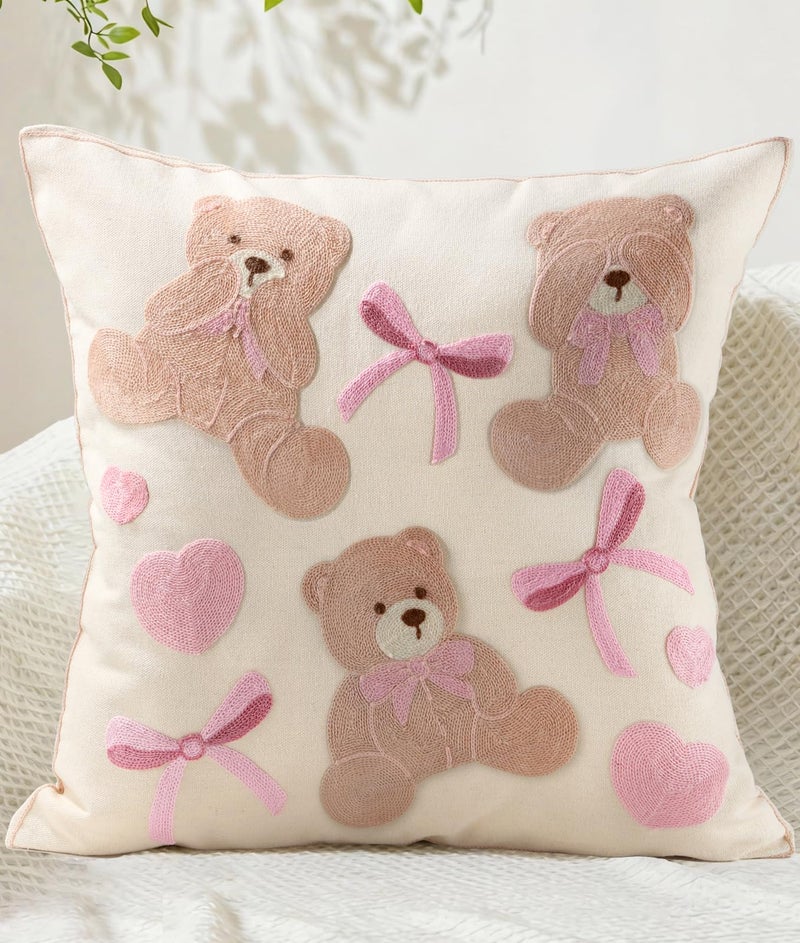 Kokaaee Embroidered Throw Pillow Cover 18x18 Inch - Valentines Decorative Animal Pillow Covers with Zipper for Couch Sofa Bedroom Living Room Cushion Pillowcase, Cute Teddy Bears - Image 1