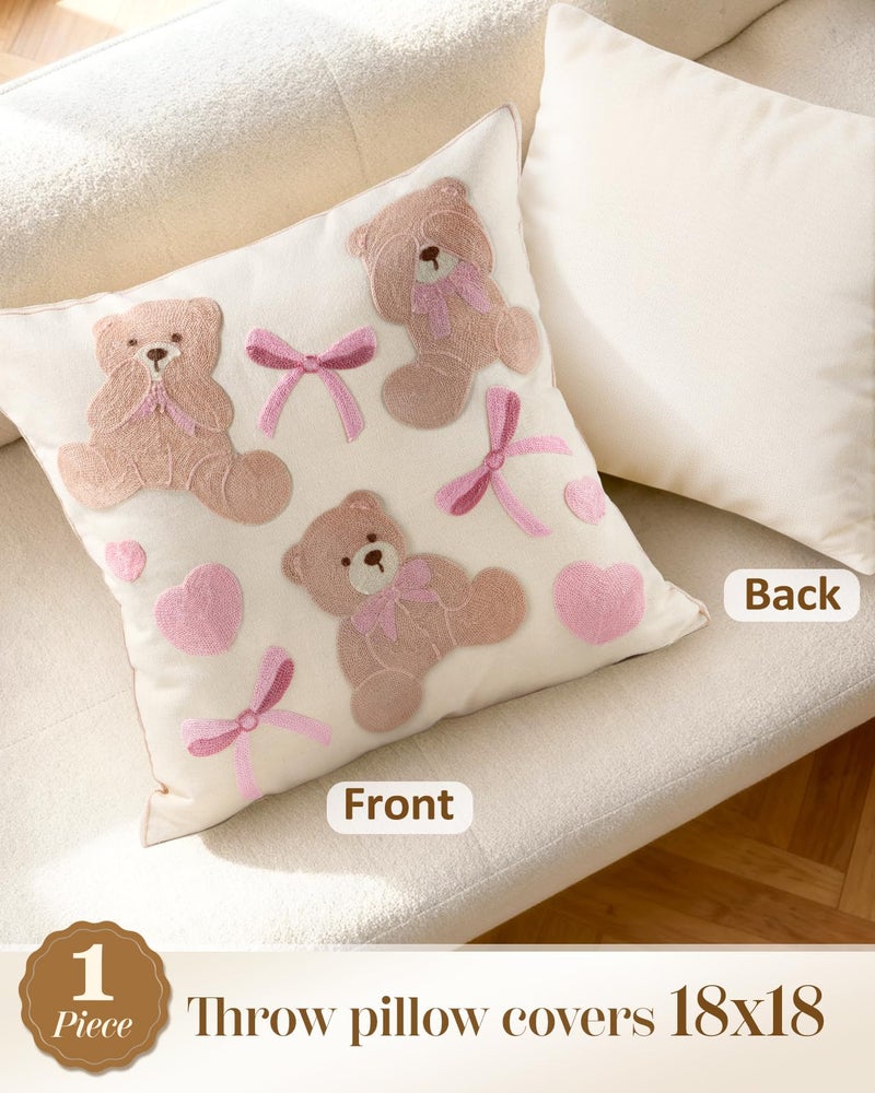 Kokaaee Embroidered Throw Pillow Cover 18x18 Inch - Valentines Decorative Animal Pillow Covers with Zipper for Couch Sofa Bedroom Living Room Cushion Pillowcase, Cute Teddy Bears - Image 4