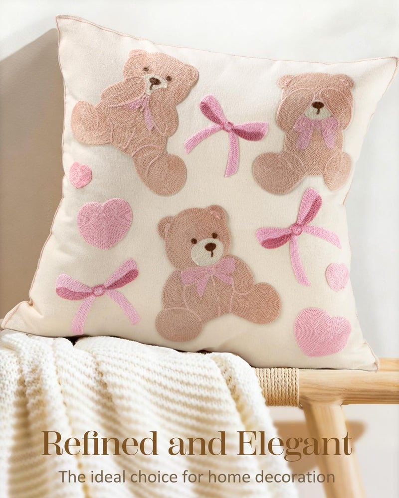 Kokaaee Embroidered Throw Pillow Cover 18x18 Inch - Valentines Decorative Animal Pillow Covers with Zipper for Couch Sofa Bedroom Living Room Cushion Pillowcase, Cute Teddy Bears - Image 5