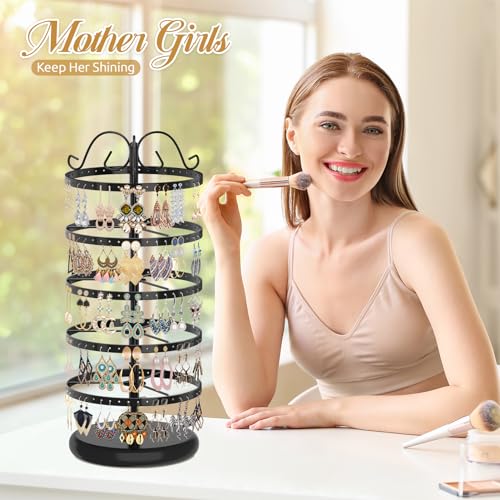 MODOWEY 5 Tiers Metal Rotating Earring Holder Organizer Stand Adjustable Display Tree, 220 Holes Large Carousel Rack for Stud Hoop Pierced Dangling Women, Ideal View for All Earrings, Black - Image 2