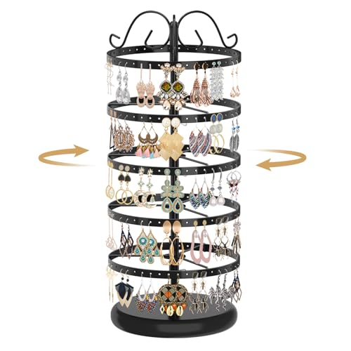 MODOWEY 5 Tiers Metal Rotating Earring Holder Organizer Stand Adjustable Display Tree, 220 Holes Large Carousel Rack for Stud Hoop Pierced Dangling Women, Ideal View for All Earrings, Black - Image 1