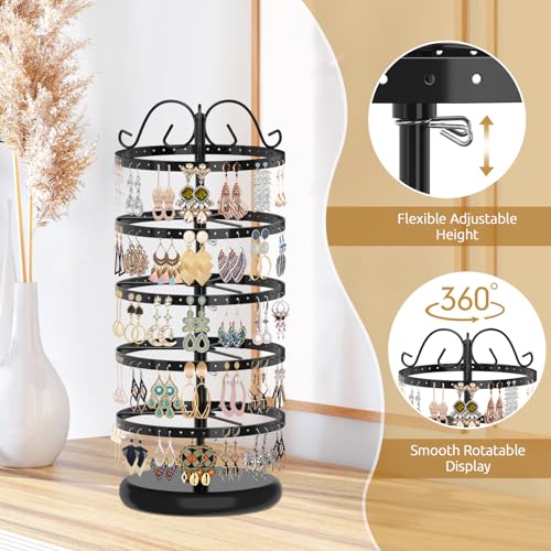 MODOWEY 5 Tiers Metal Rotating Earring Holder Organizer Stand Adjustable Display Tree, 220 Holes Large Carousel Rack for Stud Hoop Pierced Dangling Women, Ideal View for All Earrings, Black - Image 4
