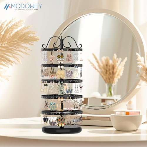 MODOWEY 5 Tiers Metal Rotating Earring Holder Organizer Stand Adjustable Display Tree, 220 Holes Large Carousel Rack for Stud Hoop Pierced Dangling Women, Ideal View for All Earrings, Black - Image 3