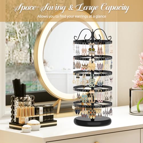 MODOWEY 5 Tiers Metal Rotating Earring Holder Organizer Stand Adjustable Display Tree, 220 Holes Large Carousel Rack for Stud Hoop Pierced Dangling Women, Ideal View for All Earrings, Black - Image 5