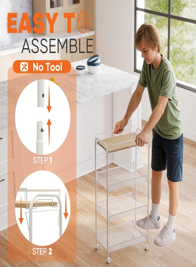 Sekey 4 Tier Rolling Cart Metal, Slim Storage Cart for Kitchen, Mobile Utility Cart with Wooden Top, Narrow Organizers and Storage with Universal Wheels, for Small Space, Bathroom, Laundry Room, White - Image 3