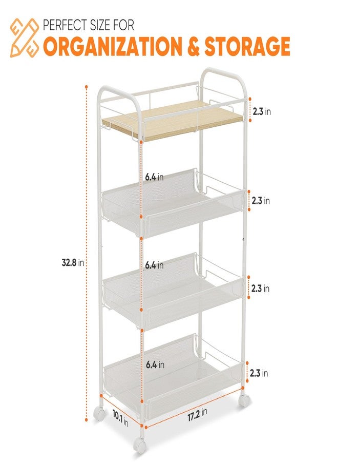 Sekey 4 Tier Rolling Cart Metal, Slim Storage Cart for Kitchen, Mobile Utility Cart with Wooden Top, Narrow Organizers and Storage with Universal Wheels, for Small Space, Bathroom, Laundry Room, White - Image 2