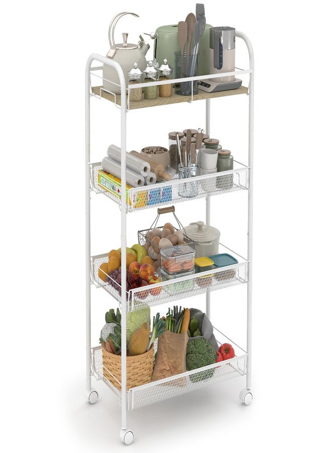 Sekey 4 Tier Rolling Cart Metal, Slim Storage Cart for Kitchen, Mobile Utility Cart with Wooden Top, Narrow Organizers and Storage with Universal Wheels, for Small Space, Bathroom, Laundry Room, White - Image 1