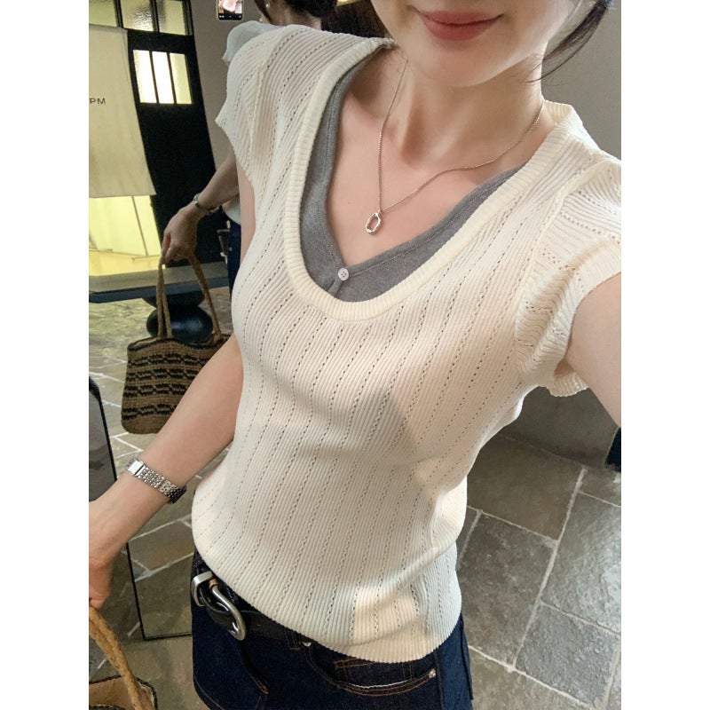 الصيف أسلوب جديد Patchwork مزيفة قطعتين جذابة جدا V-Neck الأصفر قصيرة الأكمام الحياكة أعلى ، فريدة وجميلة الصيف النساء أعلى - Image 2