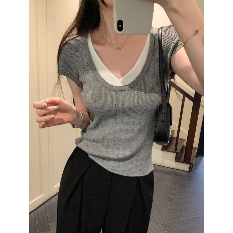 الصيف أسلوب جديد Patchwork مزيفة قطعتين جذابة جدا V-Neck الأصفر قصيرة الأكمام الحياكة أعلى ، فريدة وجميلة الصيف النساء أعلى - Image 5