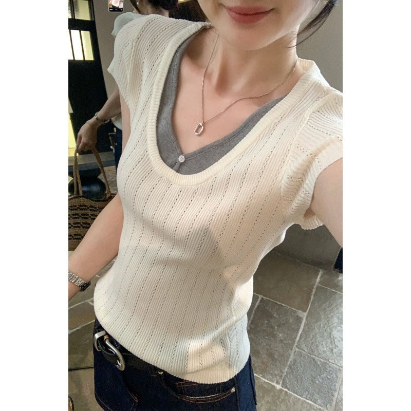 الصيف أسلوب جديد Patchwork مزيفة قطعتين جذابة جدا V-Neck الأصفر قصيرة الأكمام الحياكة أعلى ، فريدة وجميلة الصيف النساء أعلى - Image 4
