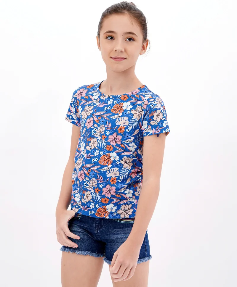 Primo Gino Primo Gino All Over Floral Digital Print Half Sleeves Tee with Smocking on Side Seams in Cotton Elastane Fabric - Blue