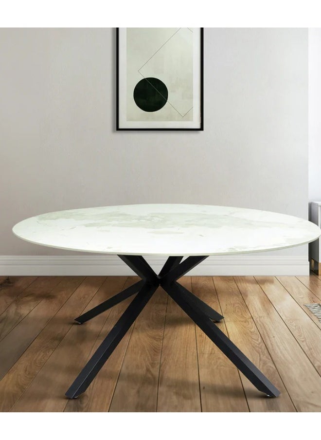 VANITY LIVING VANITY LIVING Dining Table for 6 with Cream Marble Top, 150cm Dia Round Dinner Table, Breakfast Kitchen Table with Black Stainless Steel Base Modern Design  - Image 1
