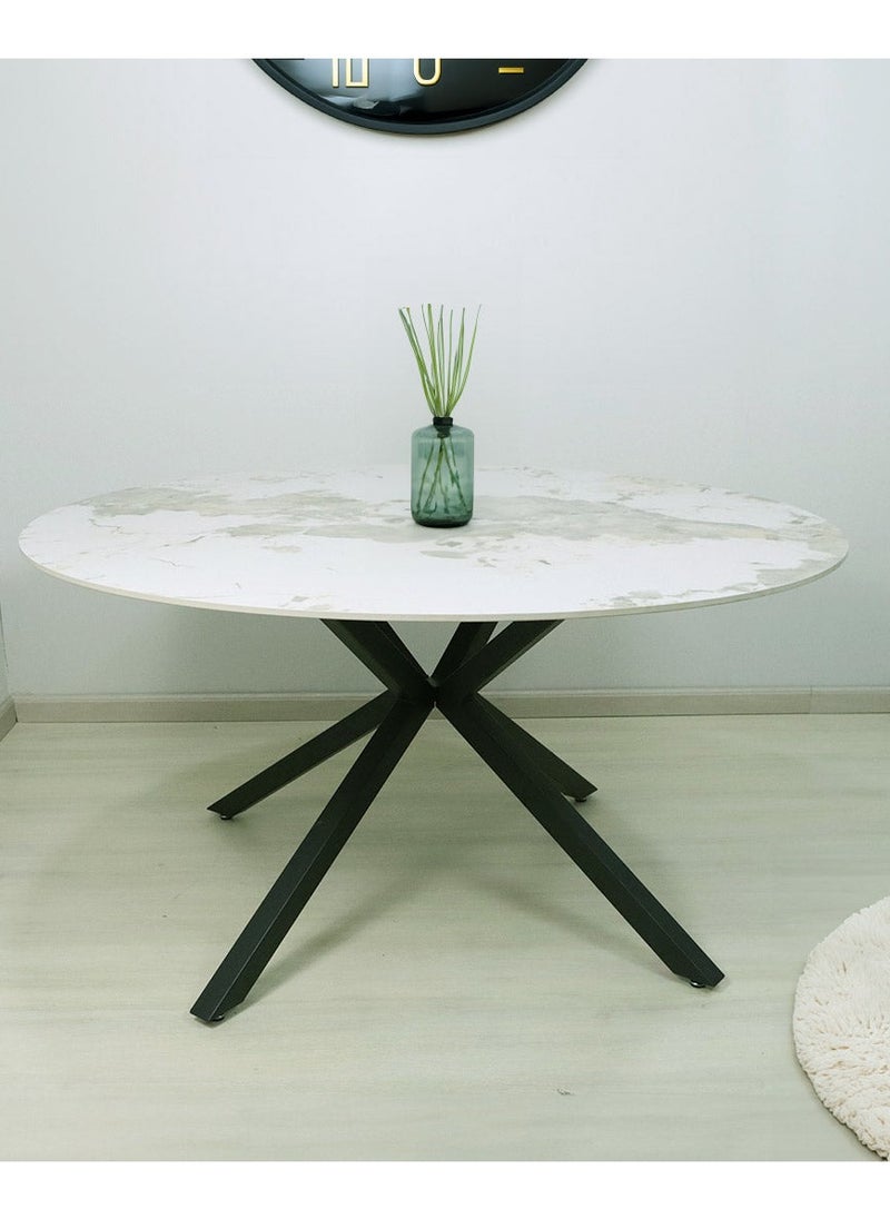 VANITY LIVING VANITY LIVING Dining Table for 6 with Cream Marble Top, 150cm Dia Round Dinner Table, Breakfast Kitchen Table with Black Stainless Steel Base Modern Design  - Image 4