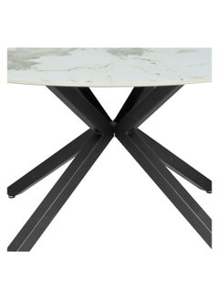 VANITY LIVING VANITY LIVING Dining Table for 6 with Cream Marble Top, 150cm Dia Round Dinner Table, Breakfast Kitchen Table with Black Stainless Steel Base Modern Design  - Image 5