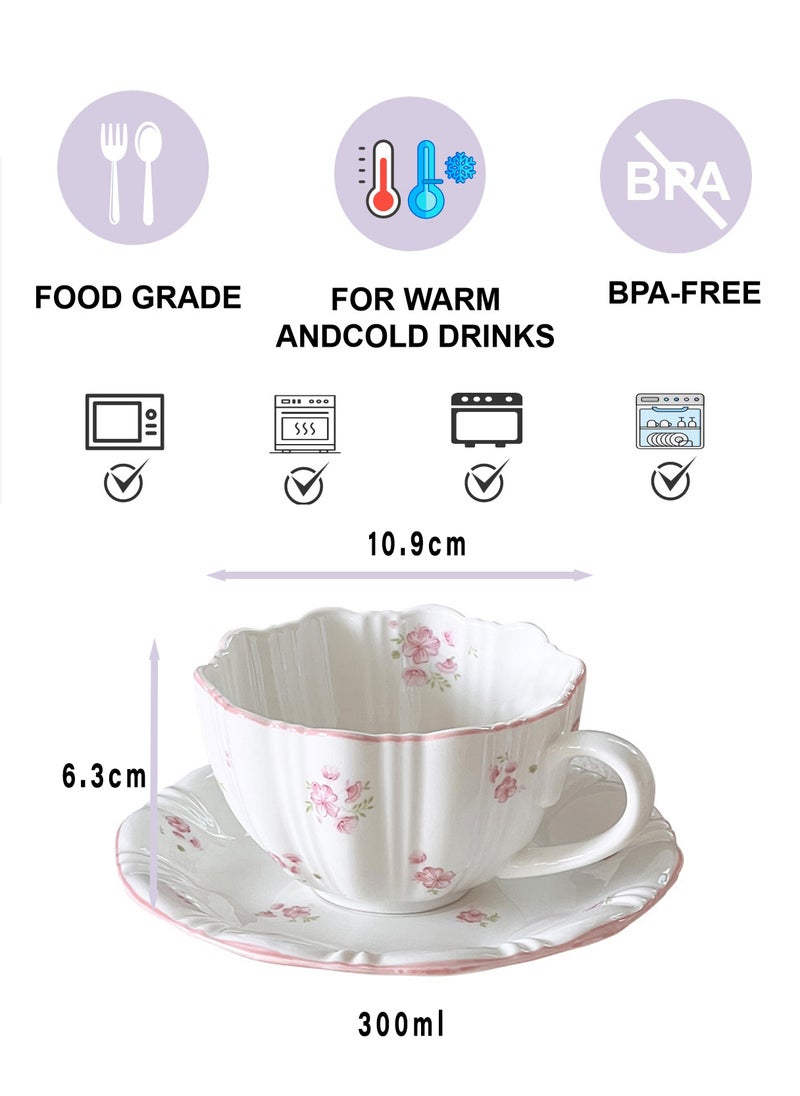 300Ml Porcelain Coffee & Tea Cup Saucer Set - Pink Floral Scalloped Design, Elegant Vintage Teaware for Home - Image 2