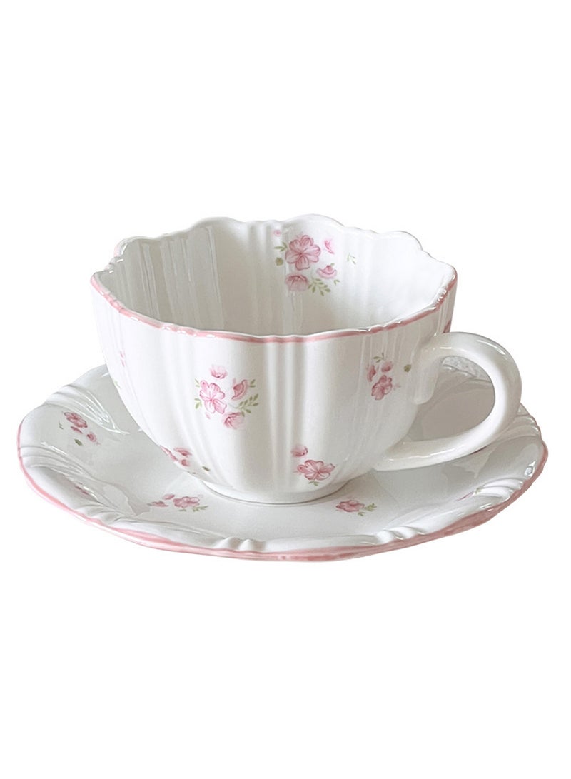 300Ml Porcelain Coffee & Tea Cup Saucer Set - Pink Floral Scalloped Design, Elegant Vintage Teaware for Home - Image 1