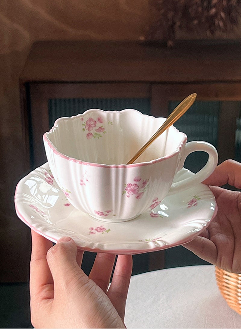 300Ml Porcelain Coffee & Tea Cup Saucer Set - Pink Floral Scalloped Design, Elegant Vintage Teaware for Home - Image 3