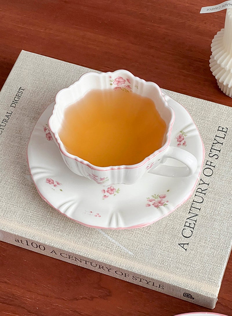 300Ml Porcelain Coffee & Tea Cup Saucer Set - Pink Floral Scalloped Design, Elegant Vintage Teaware for Home - Image 4