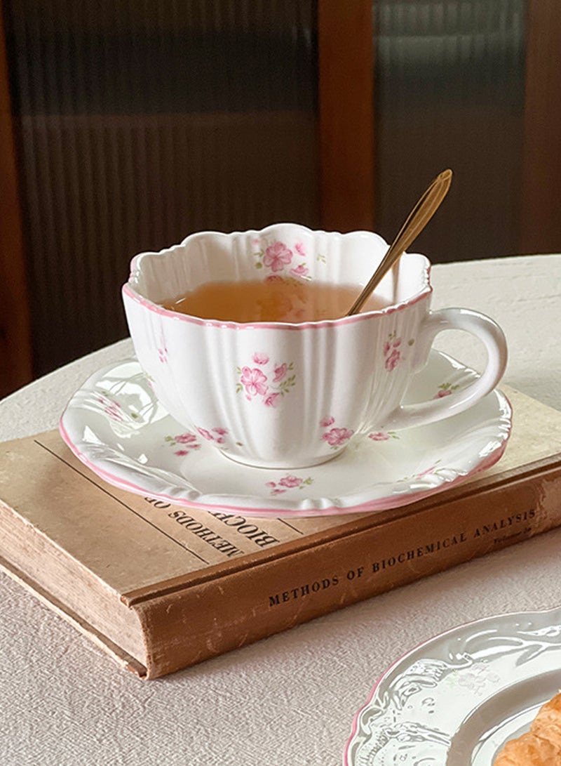 300Ml Porcelain Coffee & Tea Cup Saucer Set - Pink Floral Scalloped Design, Elegant Vintage Teaware for Home - Image 5