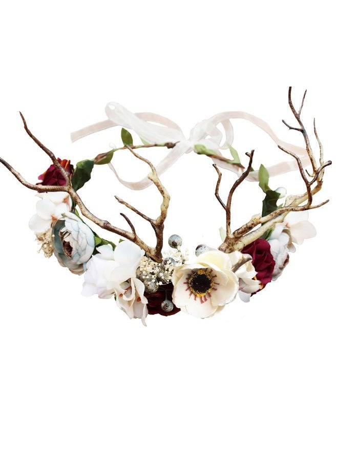 LLinfflr Deer Flower Crown Bridal Floral Headband Hair Wreath Flower Headpiece Halo Boho Party Prom Wedding Photos - Image 1