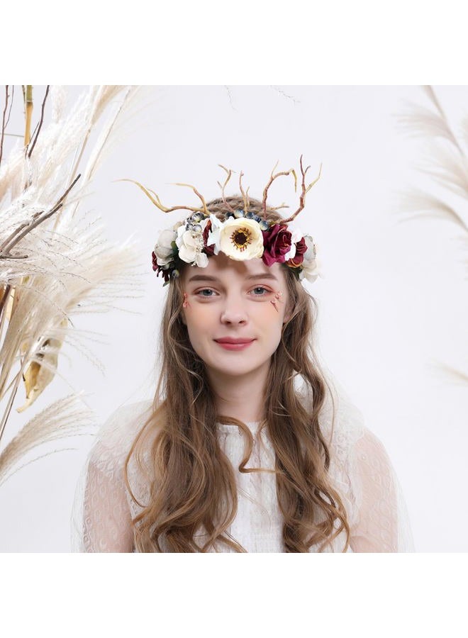 LLinfflr Deer Flower Crown Bridal Floral Headband Hair Wreath Flower Headpiece Halo Boho Party Prom Wedding Photos - Image 2