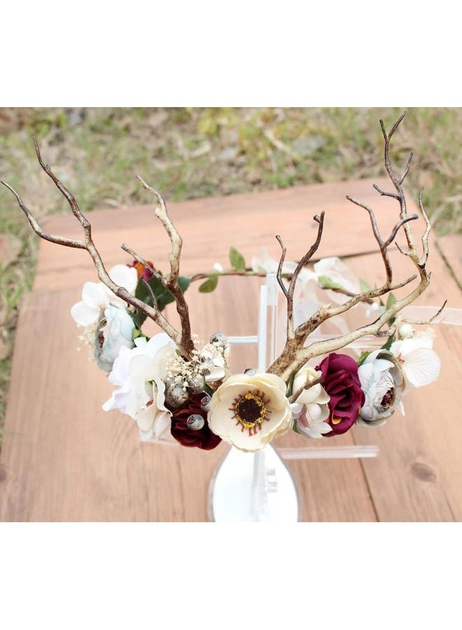 LLinfflr Deer Flower Crown Bridal Floral Headband Hair Wreath Flower Headpiece Halo Boho Party Prom Wedding Photos - Image 5