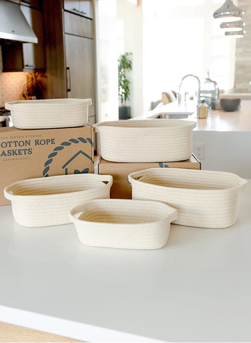 Handmade cotton rope woven storage basket set of five, beige: 30*22*11cm, 28*20*10cm, 26*18*9cm, 23*16*8cm, 20*14*7cm - Image 2