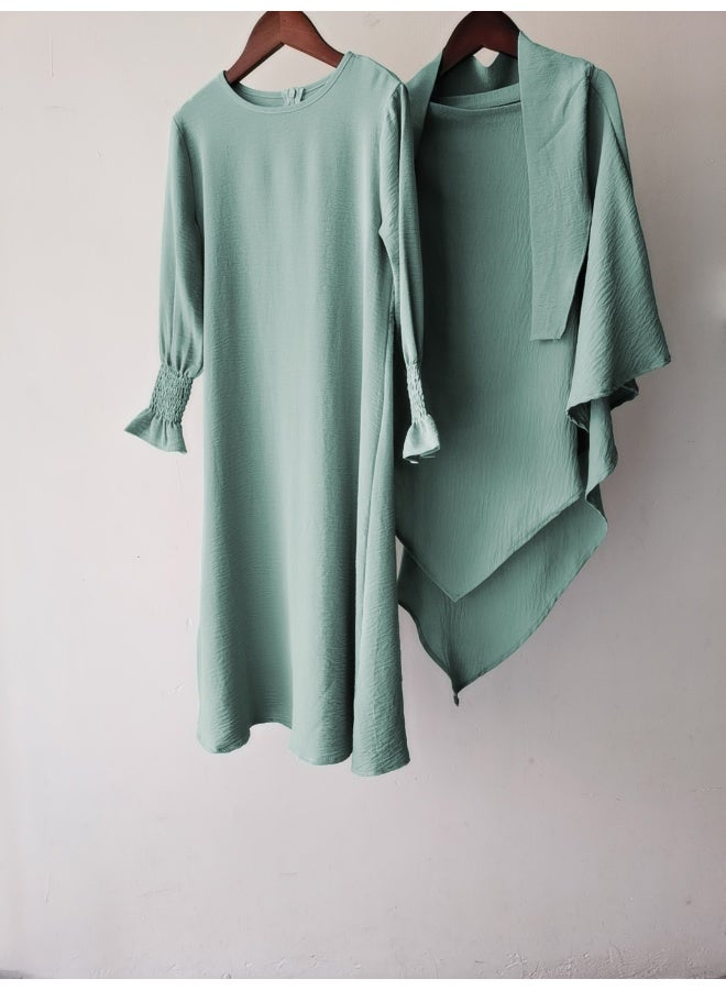 New Ruffled Hem Solid Color Wave Pattern Round Neck Dress