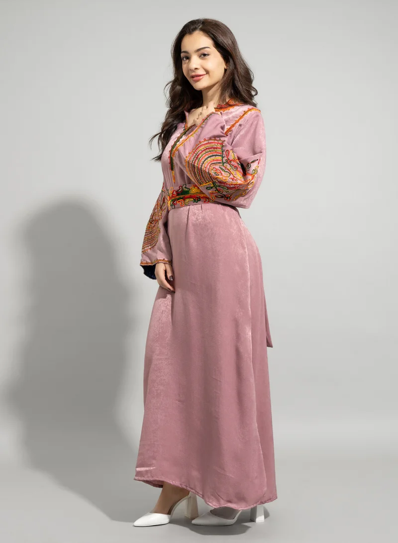 IKKXA Solid Embroidery Elegant Jalabiya IN1339 Pink