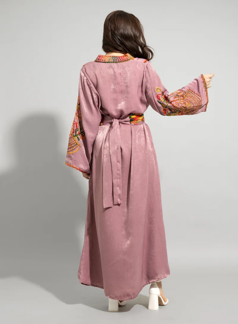 IKKXA Solid Embroidery Elegant Jalabiya IN1339 Pink