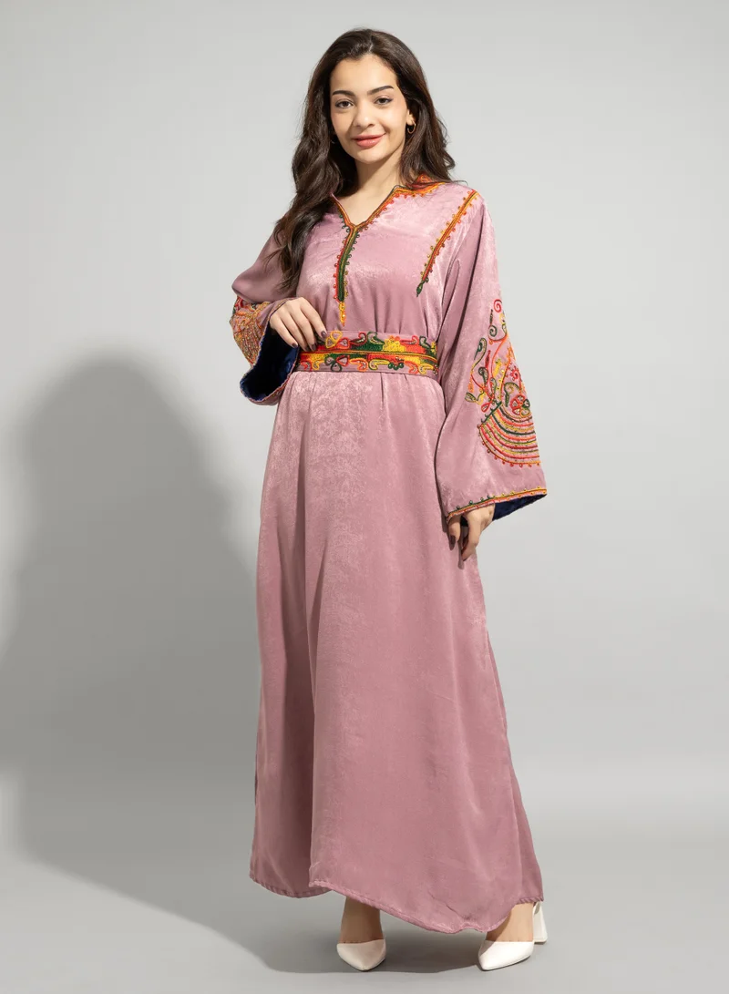 IKKXA Solid Embroidery Elegant Jalabiya IN1339 Pink