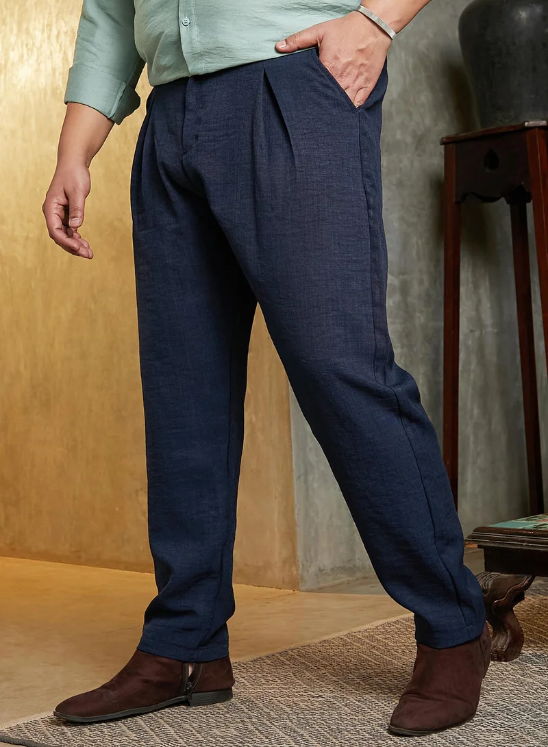 Instafab Plus  Instafab Plus Men's Prussian Blue Pleated Tailored Trousers For Casual Wear | Mid-Rise | Regular Fit | Button Closure | Plus Size Trousers Crafted With Comfort Fit For Everyday Wear for Men | Best Price UAE