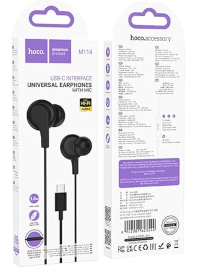 Hoco M114 Type-C Wired Earphone with Mic, Black - Image 3