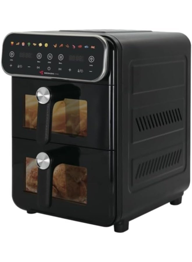 MEBASHI ME-AF1400DS Air Fryer Double Stack 2100–2500W, 14L (8L + 6L) Dual Zone with Window, LED Touch Screen, 14 Preset Programs, High-Speed Air Circulation – Black
